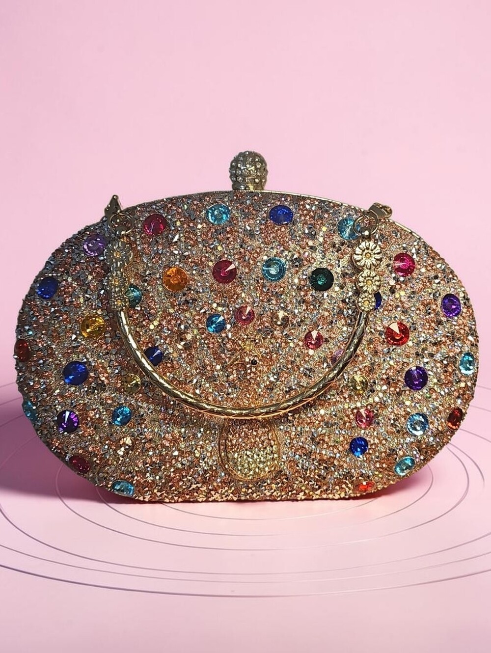 Sassified Boutique Nwt Pink & Gold  Crystal Multicolor Jeweled Evening Clutch